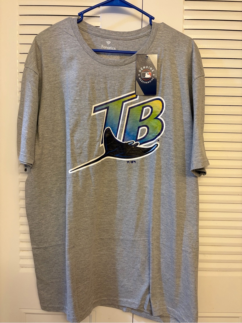 Fanatics Gray TB Stingray Graphic Tee with Blue-Green Logo
